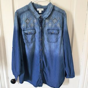 CJ Banks Denim Shirt 2X Blue Tie dye Roll Tab Sleeves Bling Rodeo Festival